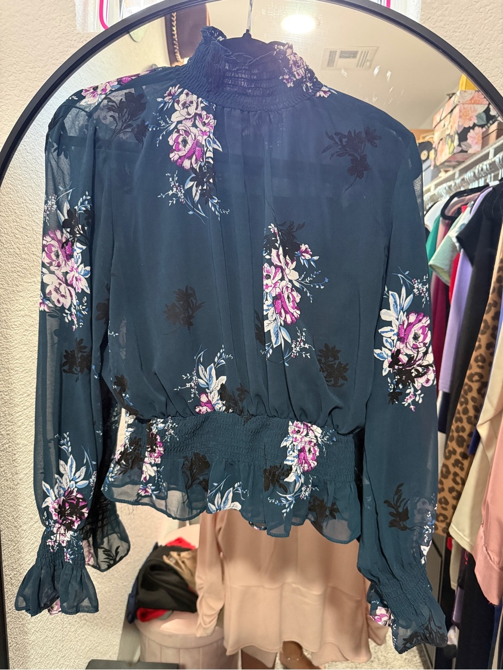 Kaii Navy Floral Smocked Neck Long-Sleeve Blouse